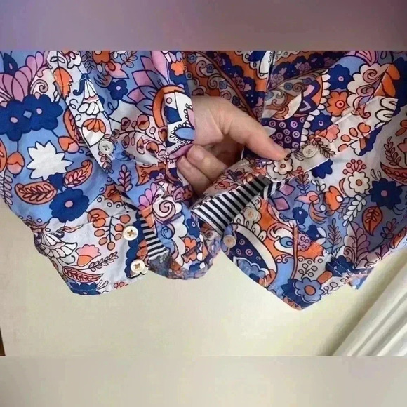 Talbots XLP Classic Cotton Shirt Royal Palm Paisley Orange Blue Button Down Up - Picture 5 of 8